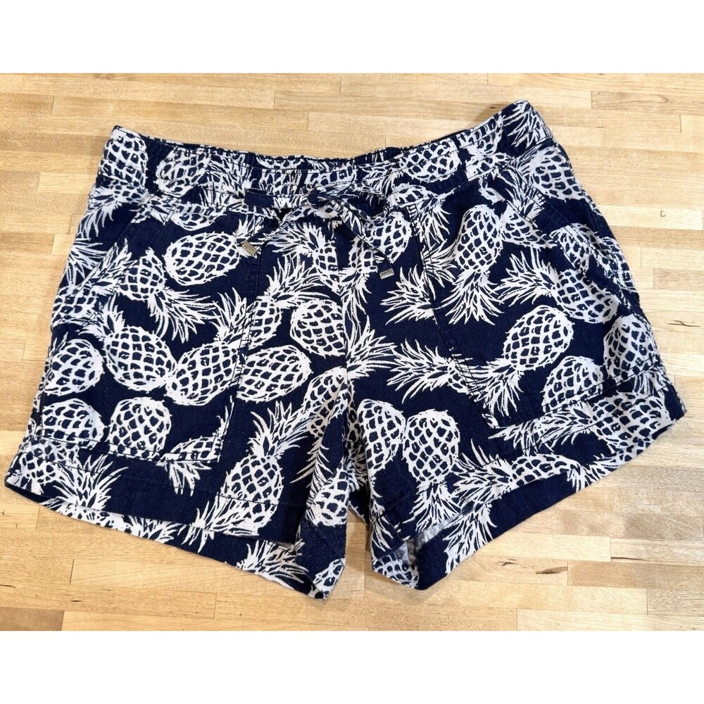 St Johns Bay Pineapple Shorts Womens M Blue White Linen Blend Tropical Print